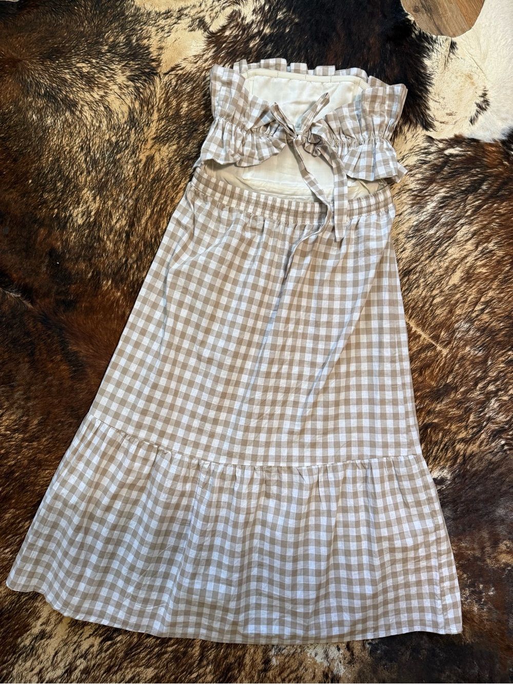 Lush Tan and White Gingham Strapless Ruffle Midi Dress - Picture 4 of 6